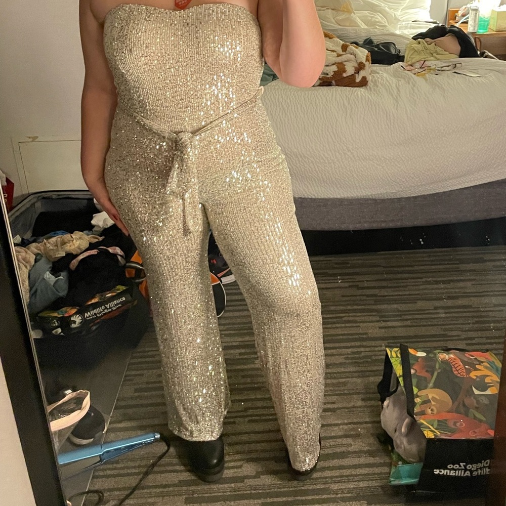 Silver Sequin Strapless Jumpsuit - image 2